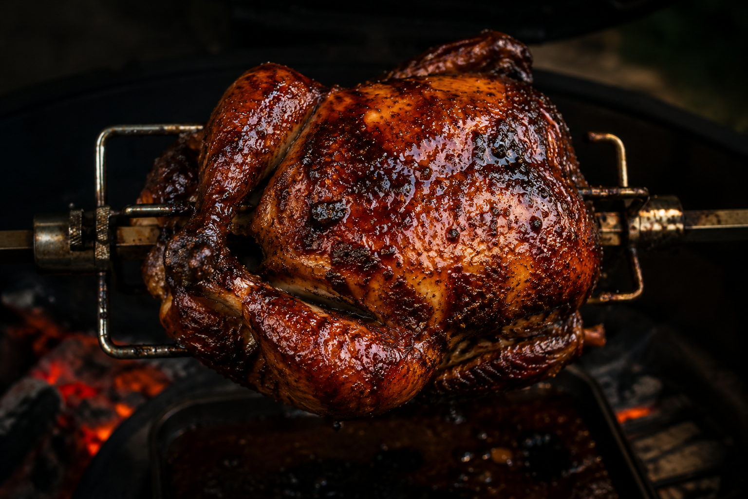 Hele kip op een rotisserie-spit met donkere ketjap-honinglak boven gloeiende kolen in een Kamado.