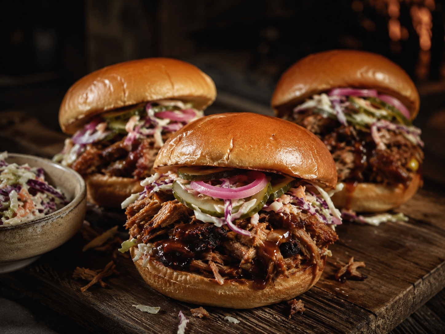 Drie pulled pork broodjes met koolsla, augurk en ingelegde rode ui op een houten plank.