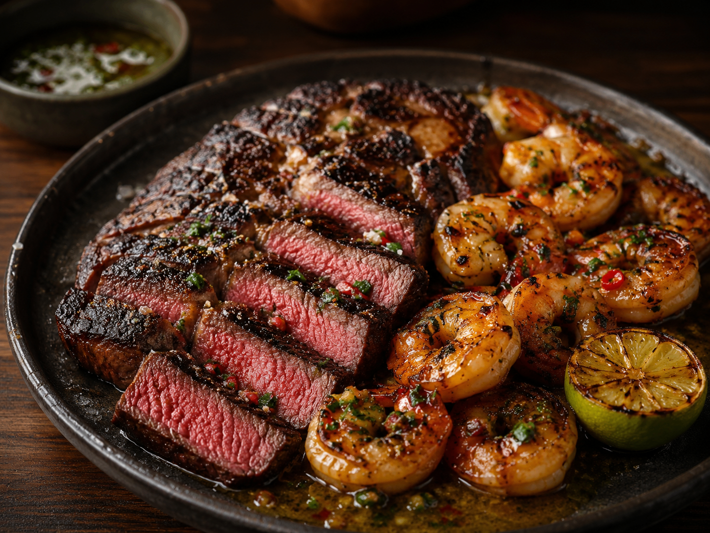 Gesneden ribeye medium-rare naast chili-lime knoflookgarnalen en een gegrilde halve limoen.